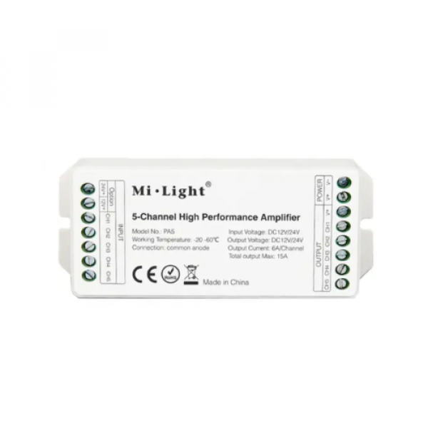 Jelerősítő , Monokróm/CCT/RGB/RGBW/RGB-CCT szalagokhoz , 180 Watt , 5 csatorna , 5x6 Amper , Miboxer (Mi-Light) , PA5