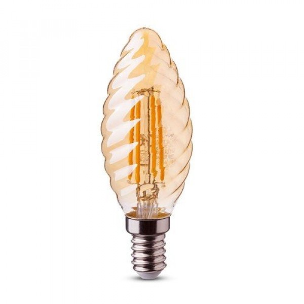 LED lámpa , égő , izzószálas hatás , filament , csavart , gyertya , E14 foglalat , 4 Watt , meleg fehér , borostyán sárga