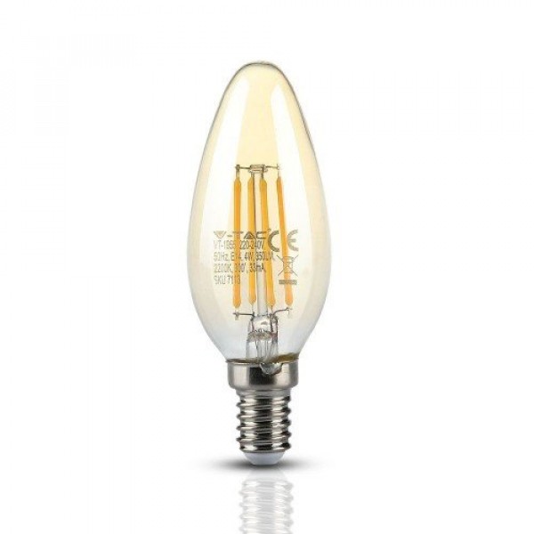 LED lámpa , égő , izzószálas hatás , filament , gyertya , E14 foglalat , 4 Watt , meleg fehér , borostyán sárga