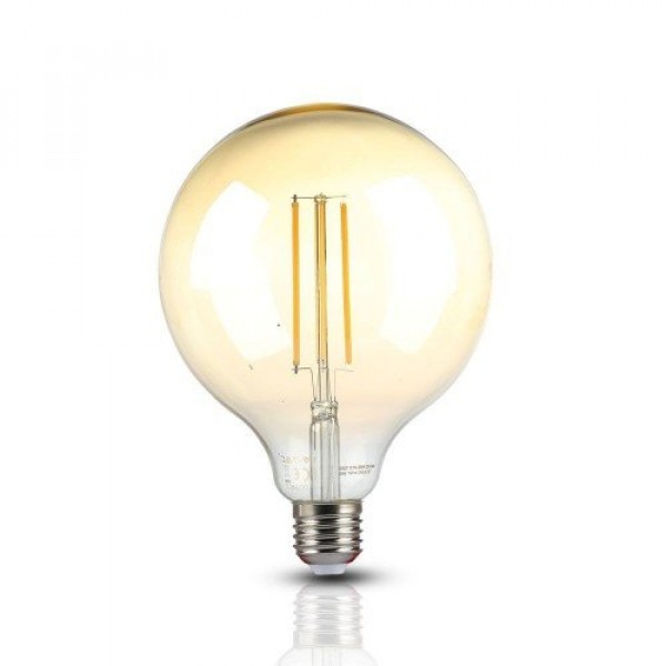LED lámpa , égő , izzószálas hatás , filament , gömb , E27 foglalat , G125 , 12.5 Watt , meleg fehér , borostyán sárga