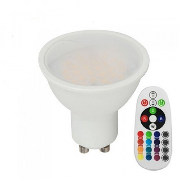 LED lámpa , égő , szpot , GU10 , 110° , 5.5W , dimmelhető , RGBW , W=meleg fehér , távirányítóval