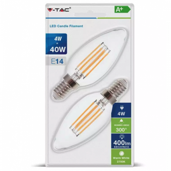 LED lámpa , égő , izzószálas hatás , filament , gyertya , E14 foglalat , 4 Watt , 300° , meleg fehér , 2 darab