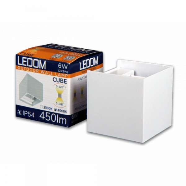 LED lámpatest , oldalfali , szögletes , 2 irányú , 6W , meleg fehér , állítható sugárzási szög , kültéri , fehér , IP54 , LEDOM