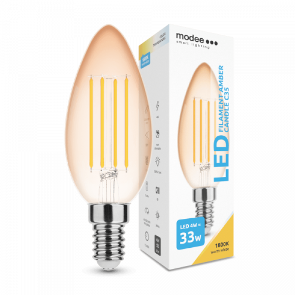 LED lámpa , égő , izzószálas hatás , filament  , E14 foglalat , C35  , Edison , 4 Watt , meleg fehér , 1800K , borostyán sárga , Modee