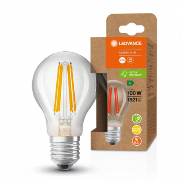 LED lámpa , égő , izzószálas hatás , filament , E27 , 7.2W , 211 lm/w , A besorolás , meleg fehér , 5 év garancia , LEDVANCE (OSRAM)
