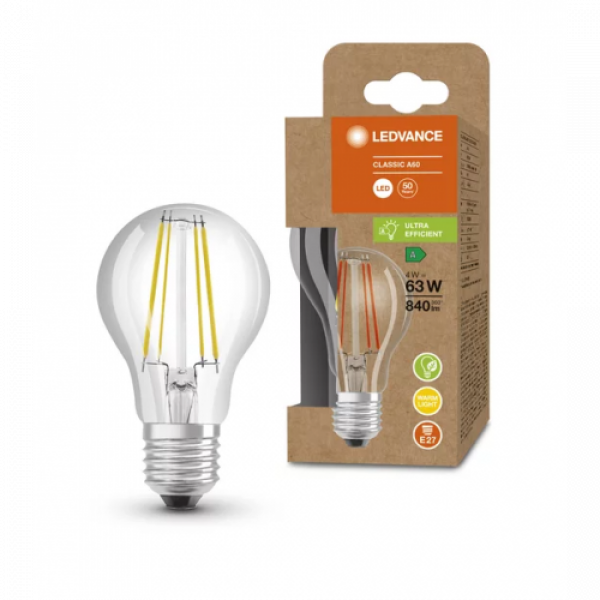 LED lámpa , égő , izzószálas hatás , filament , E27 , 4W , 210 lm/w , A besorolás , meleg fehér , 5 év garancia , LEDVANCE (OSRAM)