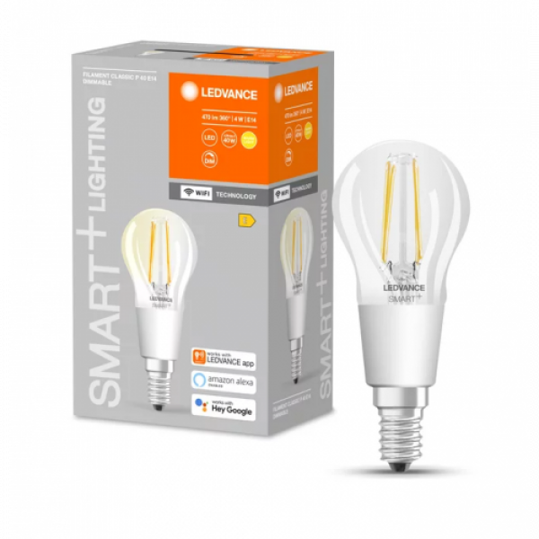 LED lámpa , égő , izzószálas hatás , filament , kis gömb , E14 , 4W , meleg fehér , dimmelhető , LEDVANCE Smart+ WIFI