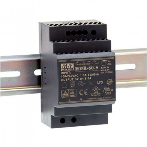 LED tápegység , Mean Well , HDR-60-12 , 12 Volt , 60 Watt , DIN sínre szerelhető , ipari