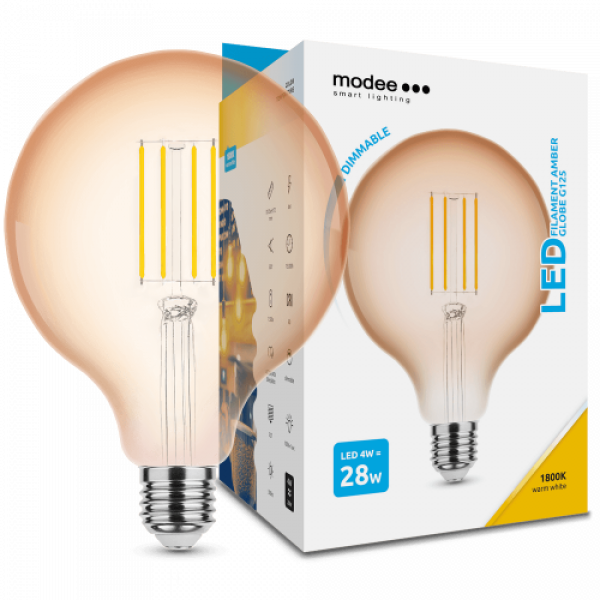 LED lámpa , égő , izzószálas hatás , filament  , E27 foglalat , G95 , 4 Watt , dimmelhető , meleg fehér , 1800K , borostyán sárga , Modee