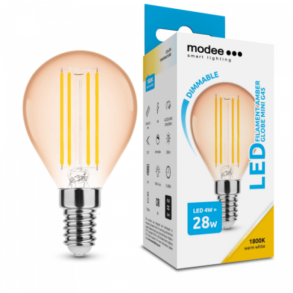 LED lámpa , égő , izzószálas hatás , filament  , E14 foglalat , G45 , 4 Watt , dimmelhető , meleg fehér , 1800K , borostyán sárga , Modee