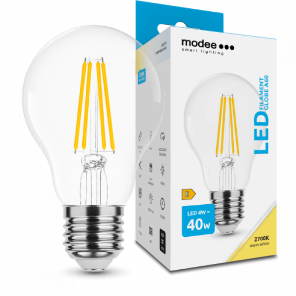 LED lámpa , égő , izzószálas hatás , filament  , E27 foglalat , A60  , 4 Watt , meleg fehér , Modee