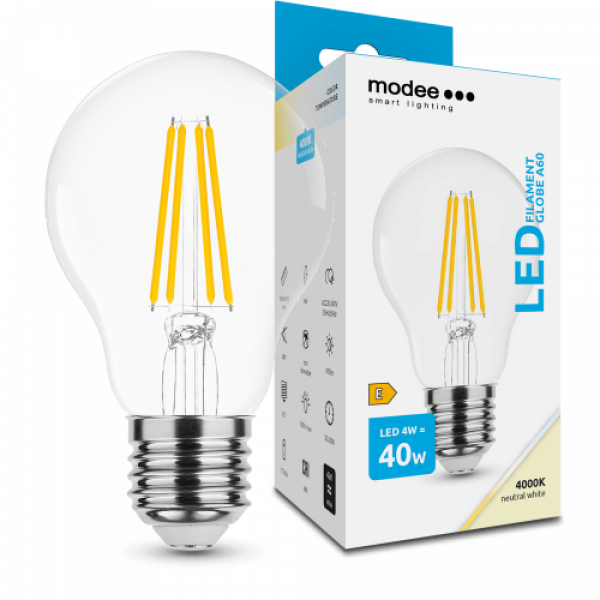 LED lámpa , égő , izzószálas hatás , filament  , E27 foglalat , A60  , 4 Watt , természetes fehér , Modee