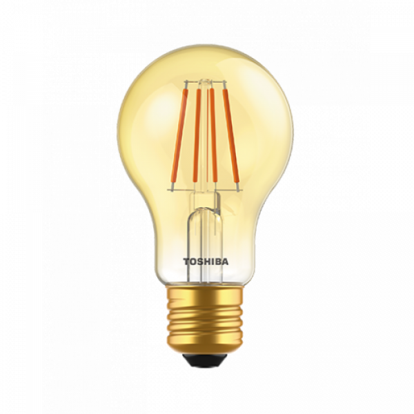 LED lámpa , égő , izzószálás hatás , filament , E27 foglalat , 4.5 Watt , meleg fehér , borostyán sárga , TOSHIBA , 5 év garancia