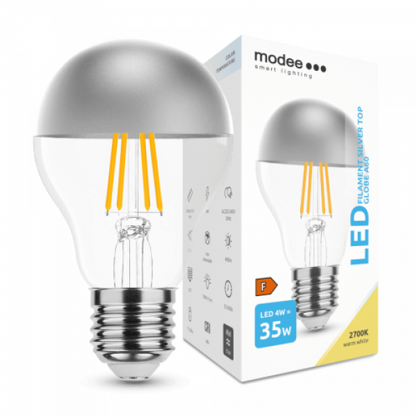 LED lámpa , égő , izzószálas hatás , filament , E27 foglalat , A60  , 4 Watt , meleg fehér , Silver Top , Modee