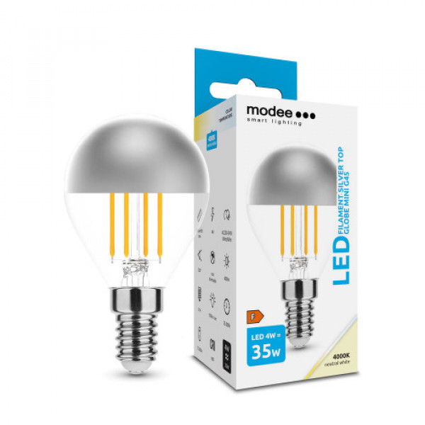 LED lámpa , égő , izzószálas hatás , filament , E14 foglalat , P45 , 4 Watt , természetes fehér , Silver Top , Modee