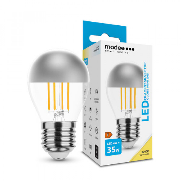 LED lámpa , égő , izzószálas hatás , filament  , E27 foglalat , G45 , 4 Watt , meleg fehér , Silver Top , Modee