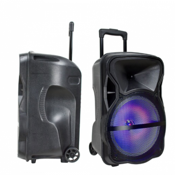 RGB Bluetooth hangszóró , party hangfal LED világítással , mikrofonnal , távirányítóval , gurulós , 35 watt , USB , tölthető , 51 x 30 cm